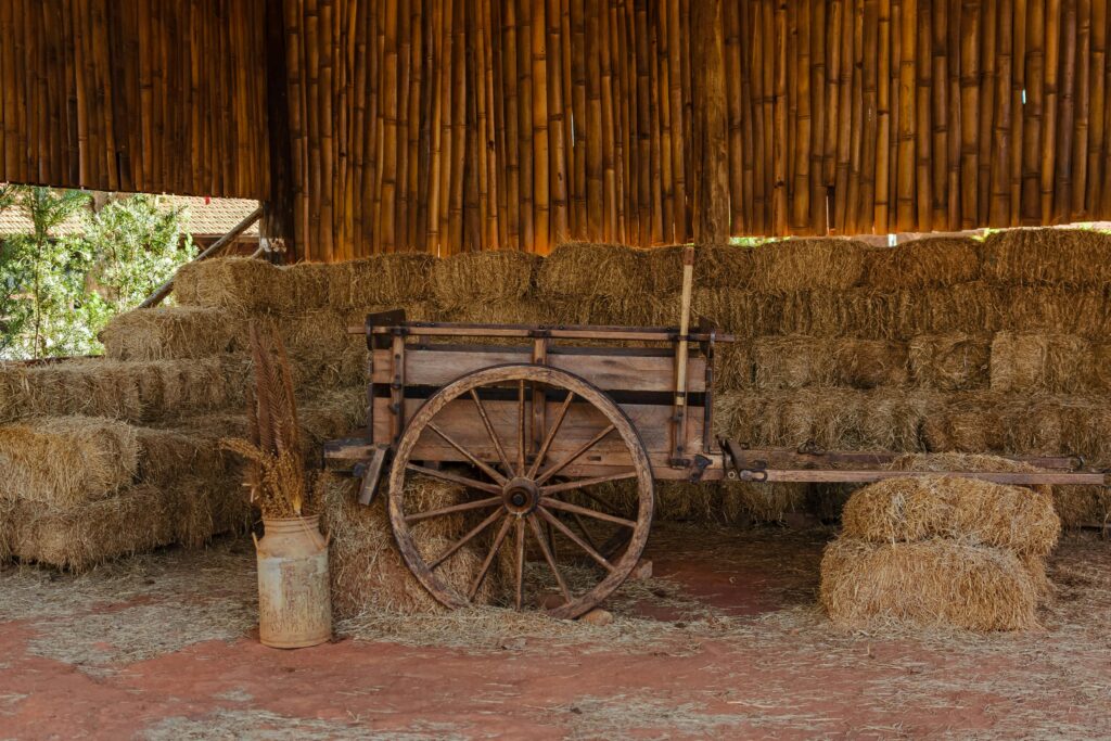 Wooden cart surrounded by hay bales in a rustic farm barn setting. Perfect for rural and agriculture themes.